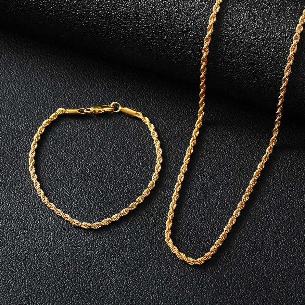 ⭐ 2pc. Set 22" Necklace and 7.75" Diamond Cut Rope Bracelet 4mm Wide 18K Gold⭐ - Picture 3 of 9